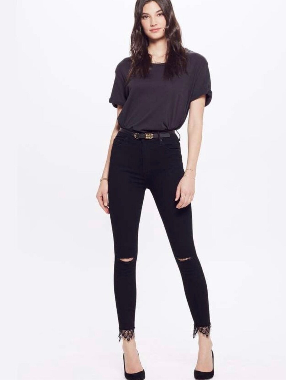 Mother Swooner Dagger Ankle Fray Jeans Black Distressed Lace Hem W26 Luxury